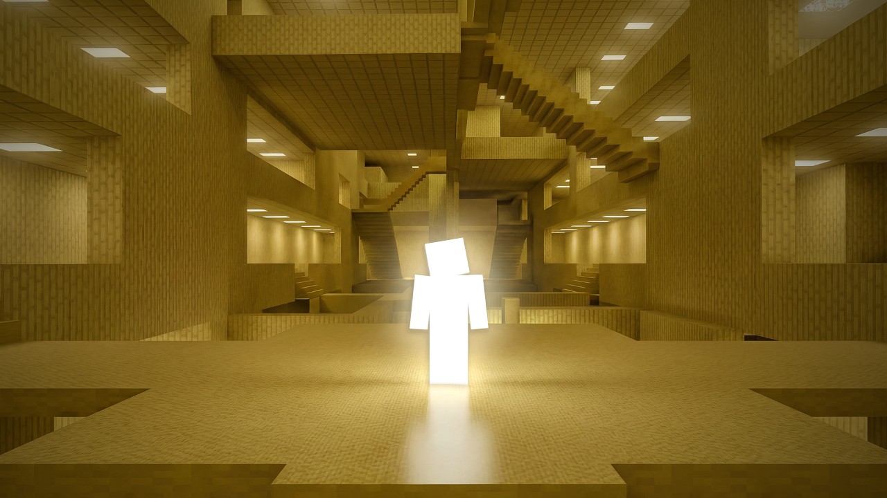 A lone figure inside a vast, uncanny Minecraft interior