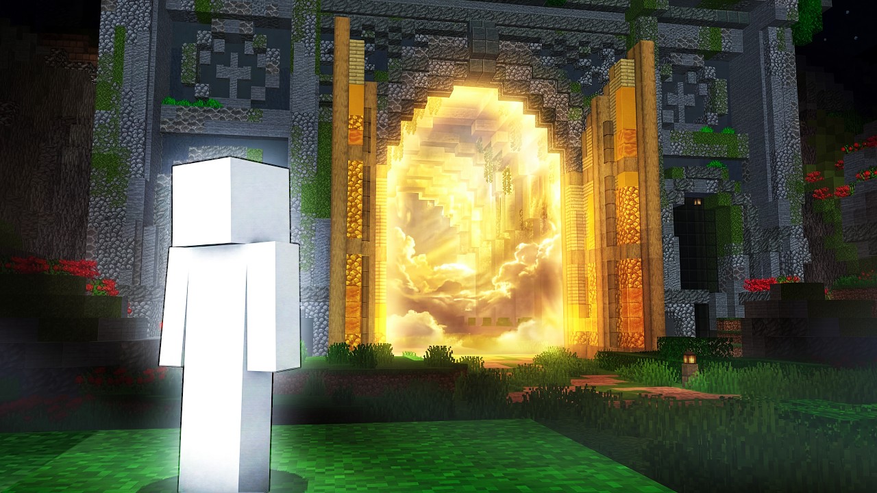 A glowing figure before a luminous portal in a Linked Theory world